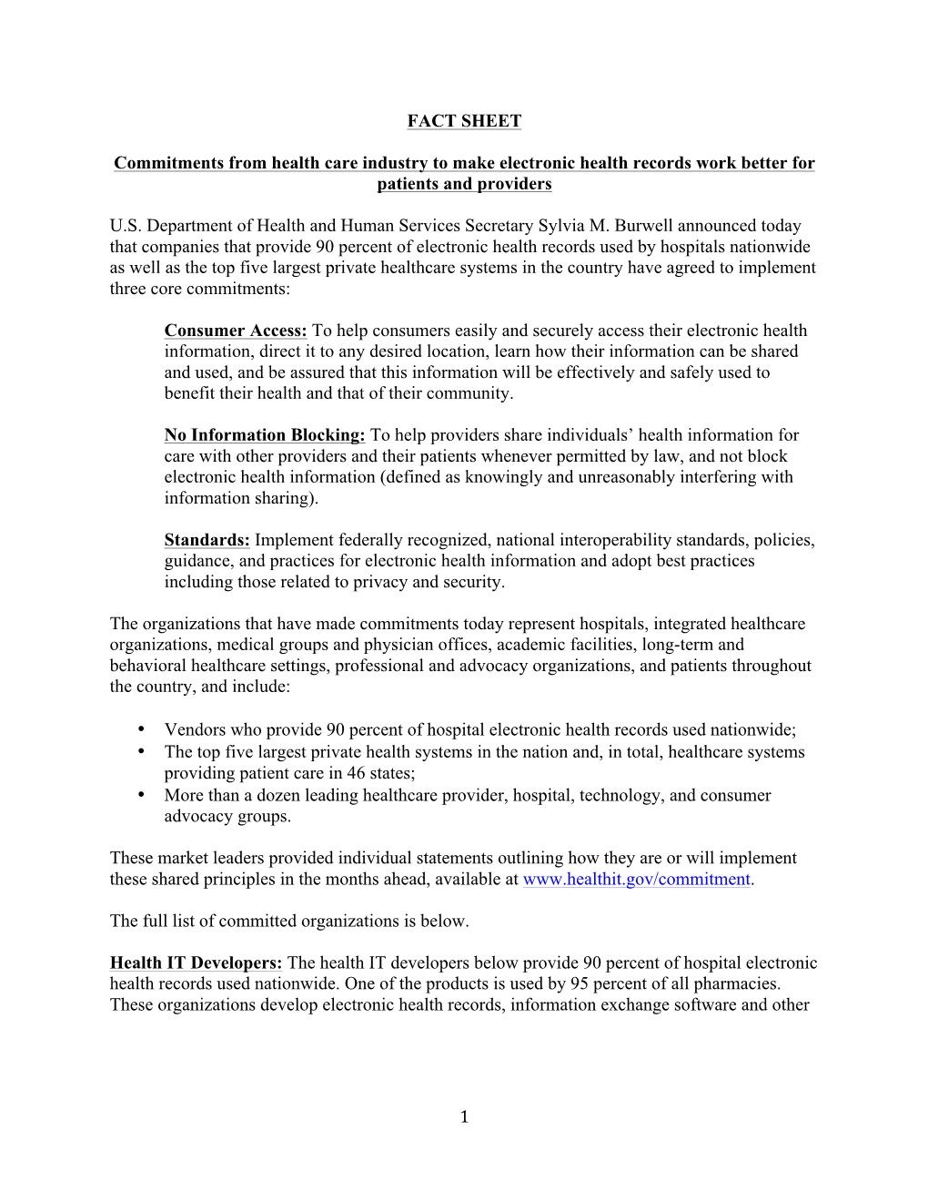 1 FACT SHEET Commitments from Health Care Industry to Make
