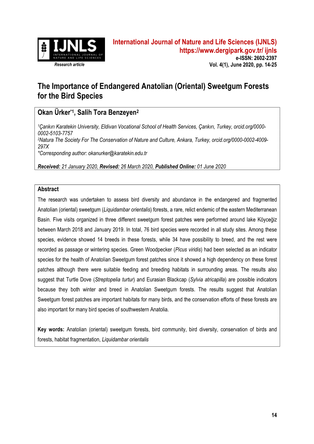 The Importance of Endangered Anatolian (Oriental) Sweetgum Forests for the Bird Species