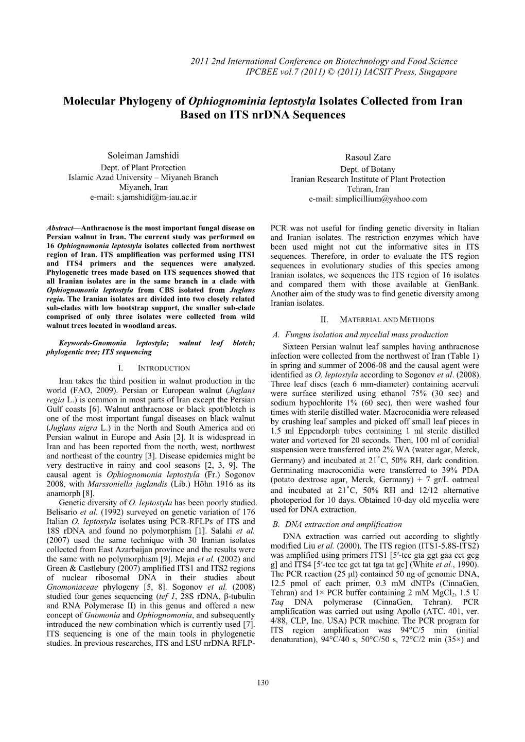 Molecular Phylogeny of Ophiognominia Leptostyla Isolates Collected from Iran Based on ITS Nrdna Sequences