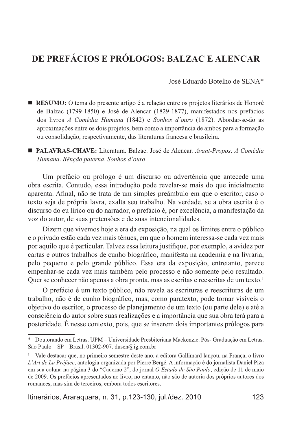 De Prefácios E Prólogos: Balzac E Alencar