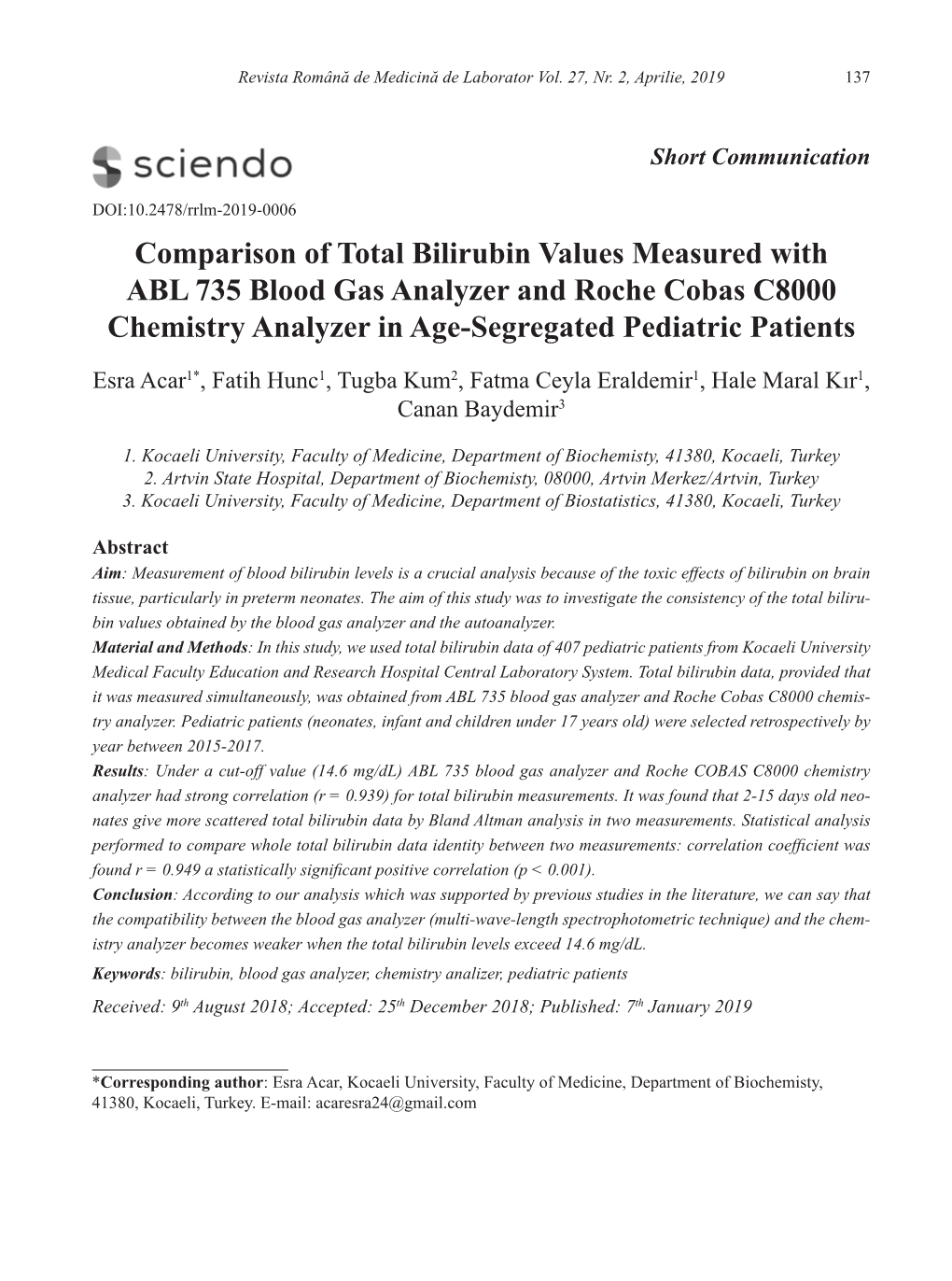 Comparison of Total Bilirubin Values Measured with ABL 735 Blood Gas Analyzer and Roche Cobas C8000 Chemistry Analyzer in Age-Segregated Pediatric Patients