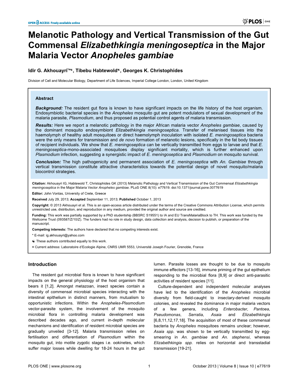 Melanotic Pathology and Vertical Transmission of the Gut Commensal Elizabethkingia Meningoseptica in the Major Malaria Vector Anopheles Gambiae