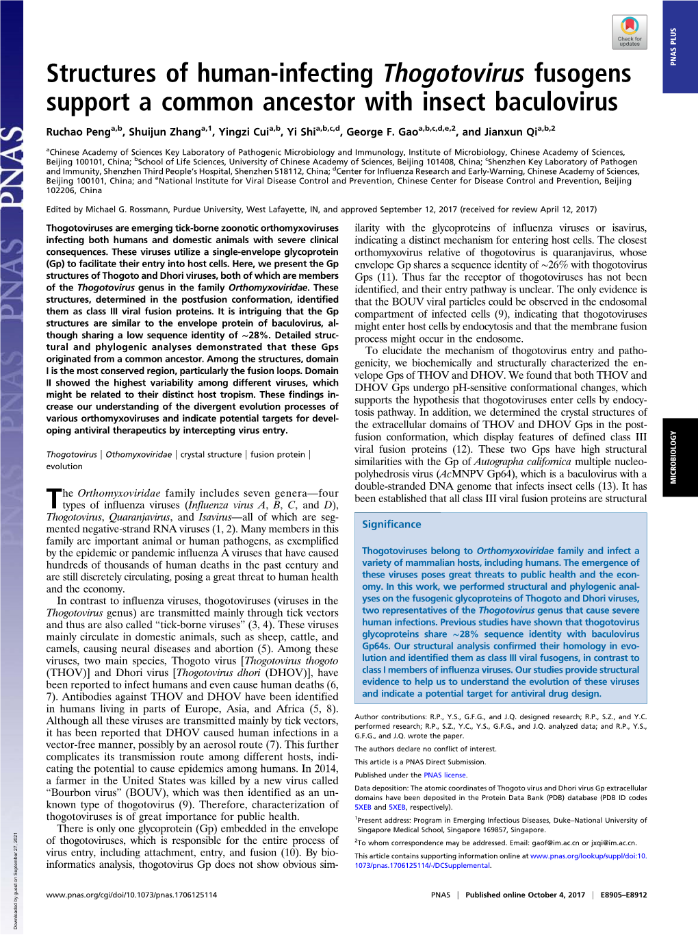 Structures of Human-Infecting Thogotovirus Fusogens Support a Common Ancestor with Insect Baculovirus