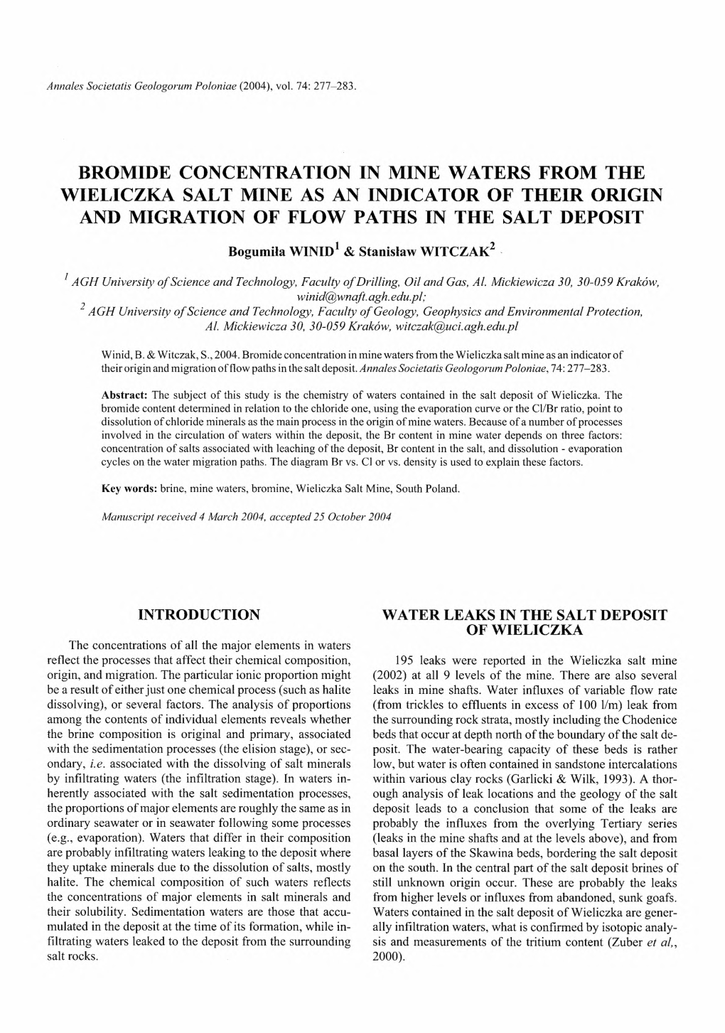 Bromide Concentration in Mine Waters from the Wieliczka Salt Mine As an Indicator of Their Origin and Migration of Flow Paths in the Salt Deposit