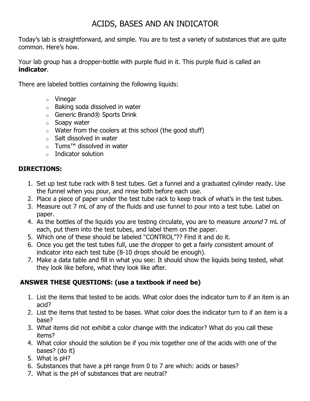 Acids, Bases and an Indicator