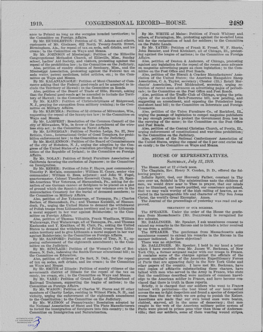 1919. Congression.&L Record:-Hbuse