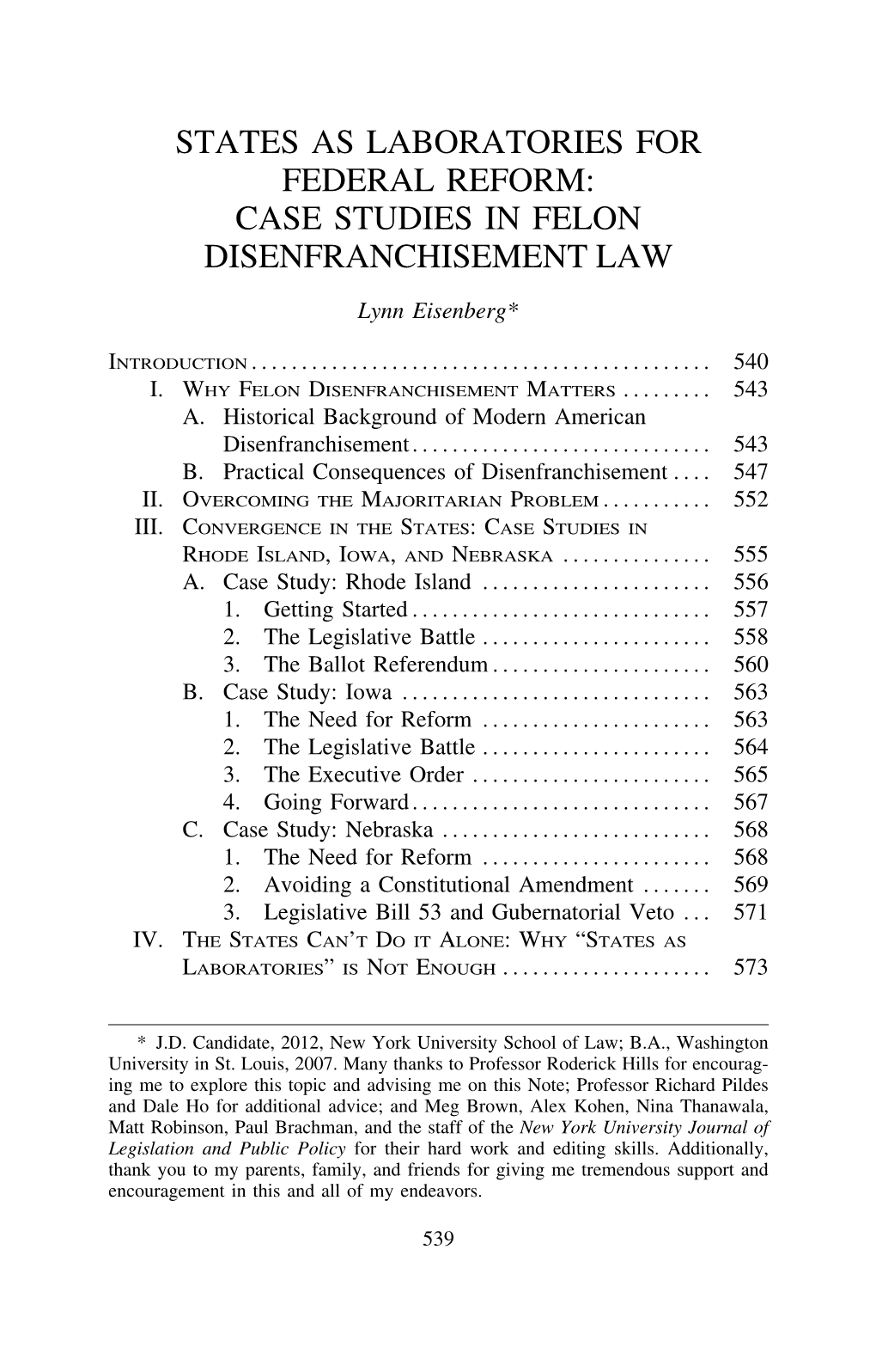 States As Laboratories for Federal Reform: Case Studies in Felon Disenfranchisement Law