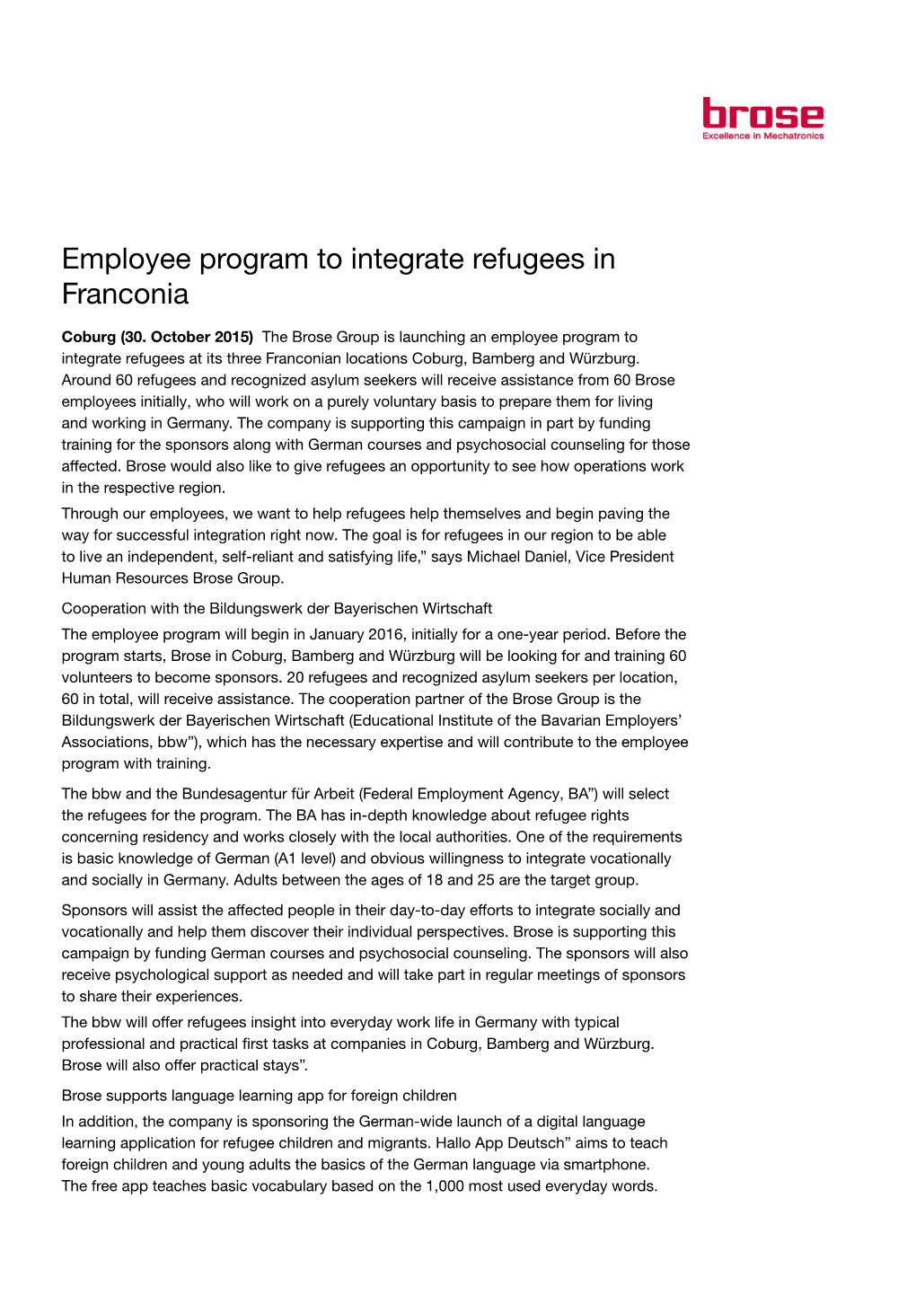 Employee Program to Integrate Refugees in Franconia