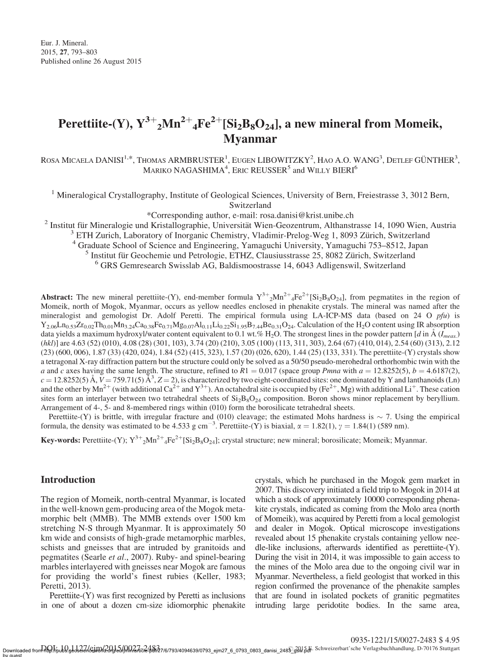 Perettiite-(Y), Y 2Mn 4Fe [Si2b8o24], a New Mineral from Momeik, Myanmar