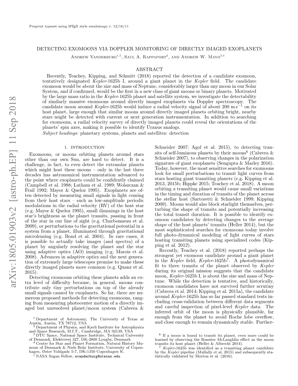 DETECTING EXOMOONS VIA DOPPLER MONITORING of DIRECTLY IMAGED EXOPLANETS Andrew Vanderburg1,†, Saul A