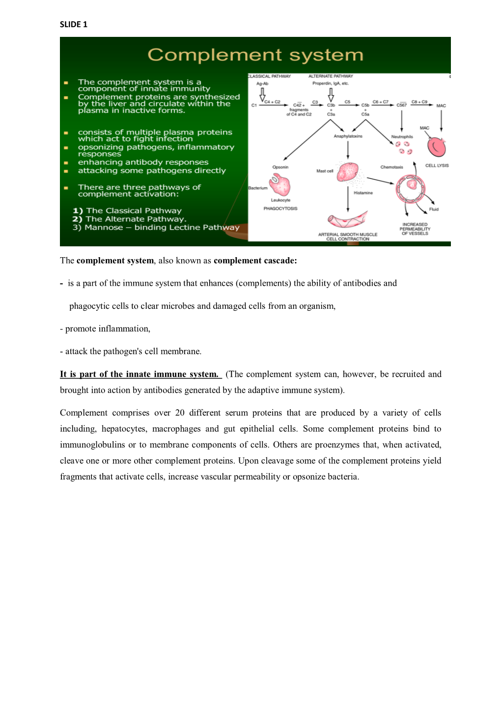 SLIDE 1 the Complement System, Also Known As Complement Cascade