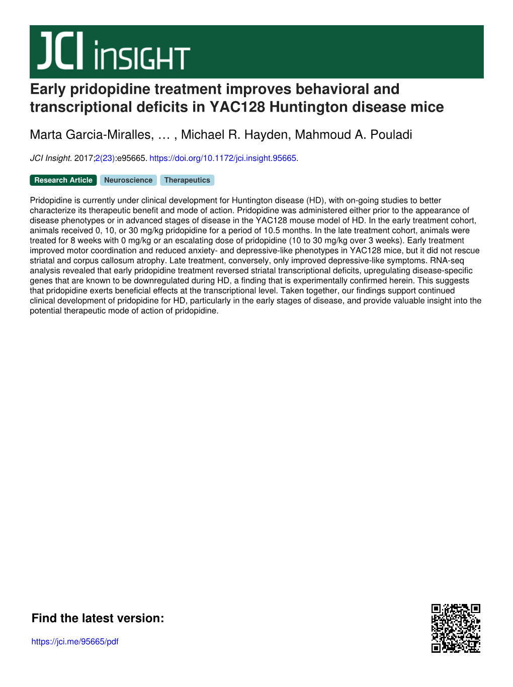 Early Pridopidine Treatment Improves Behavioral and Transcriptional Deficits in YAC128 Huntington Disease Mice