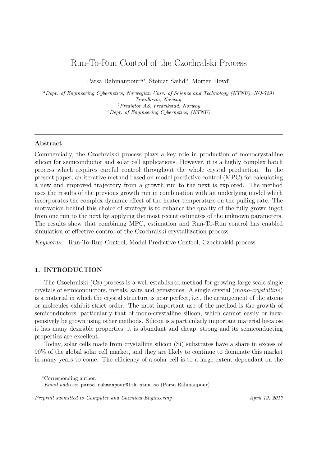 Run-To-Run Control of the Czochralski Process