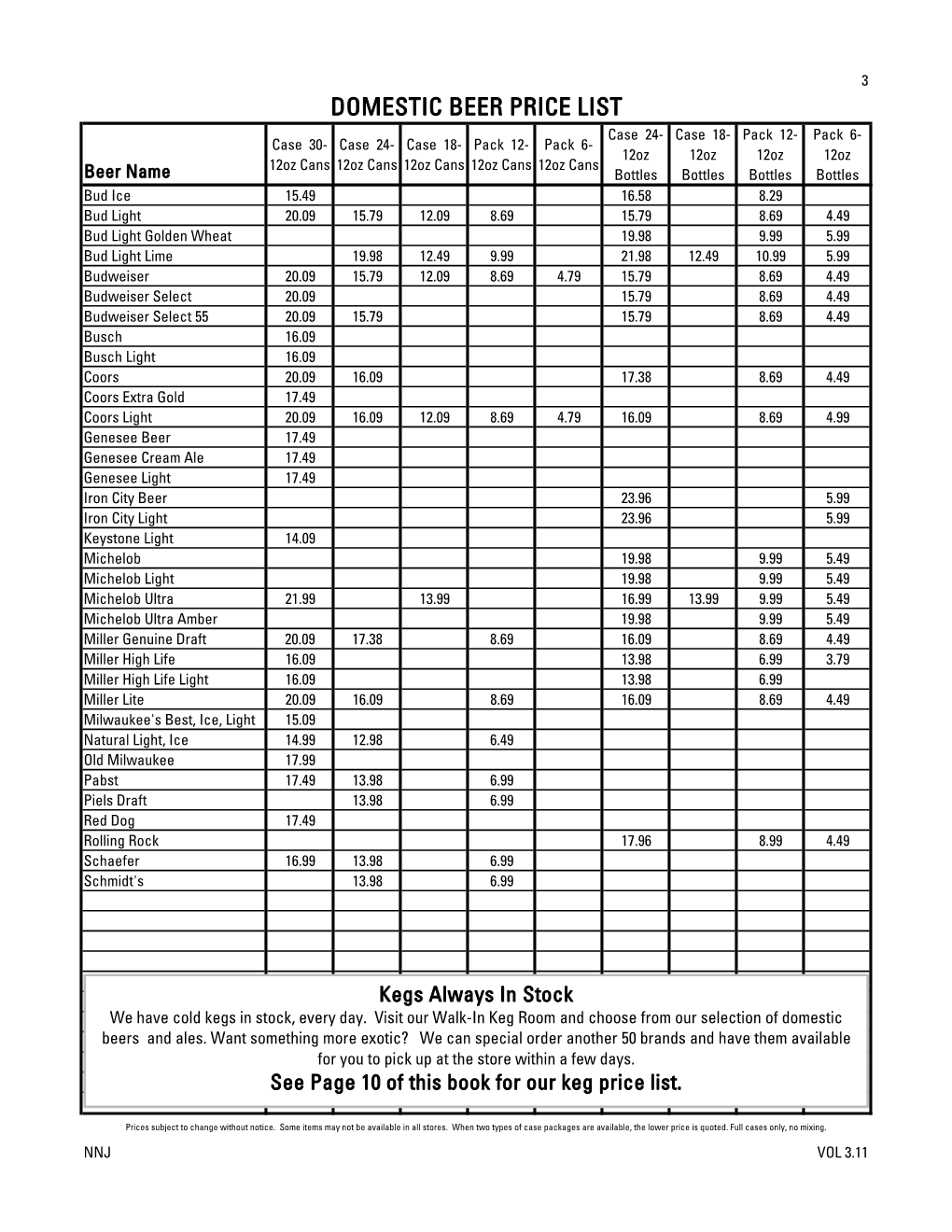 Domestic Beer Price List