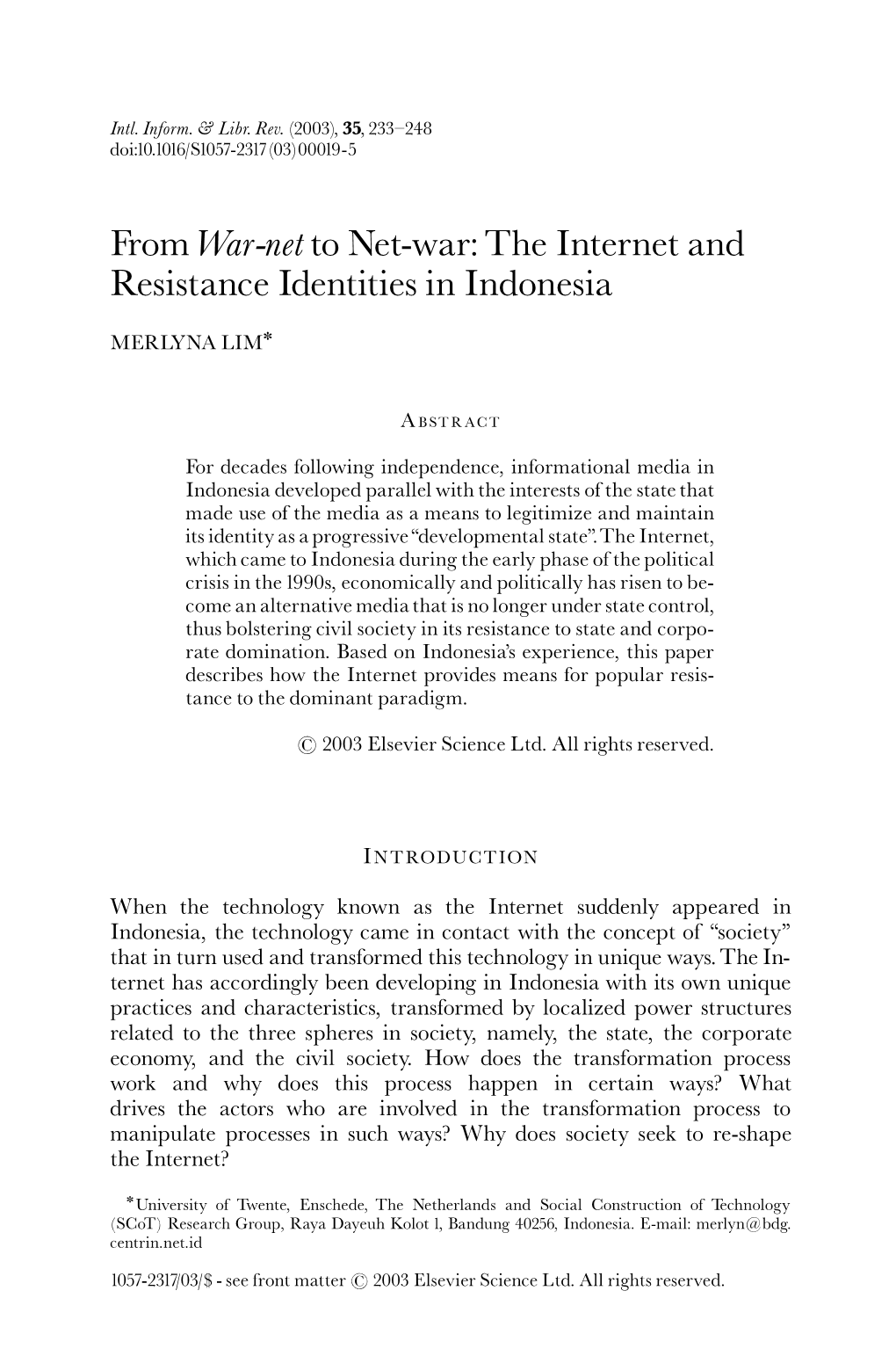 Fromwar-Netto Net-War: the Internet and Resistance Identities in Indonesia