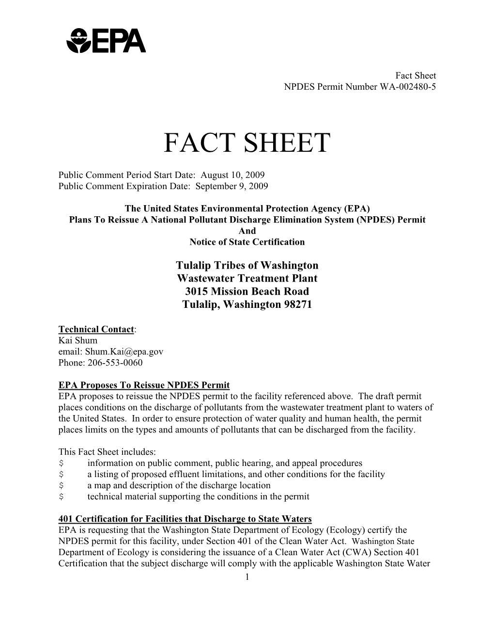 Fact Sheet for the Draft NPDES Permit for Tulalip Tribes Wastewater
