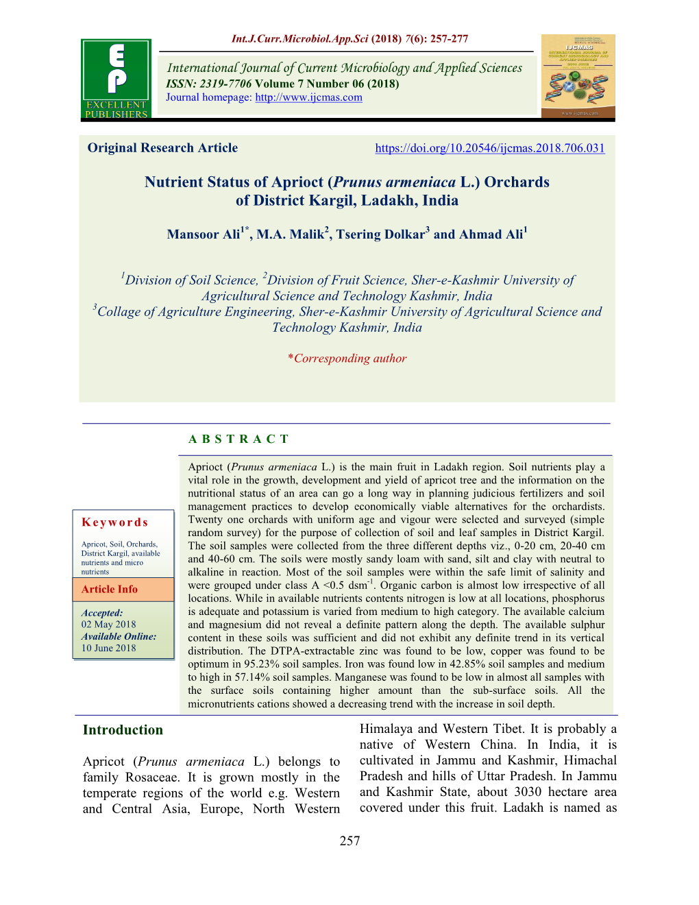 Nutrient Status of Aprioct (Prunus Armeniaca L.) Orchards of District Kargil, Ladakh, India