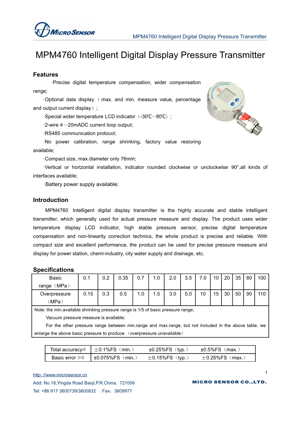 MPM4760 Intelligent Digital Display Pressure Transmitter