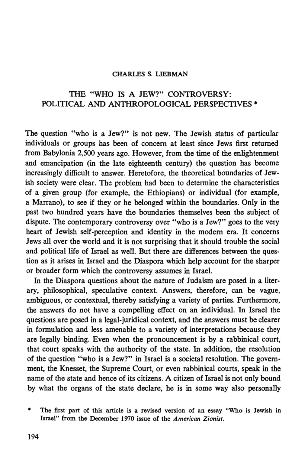 "Who Is a Jew?" Controversy: Political and Antiiropological Perspectives *