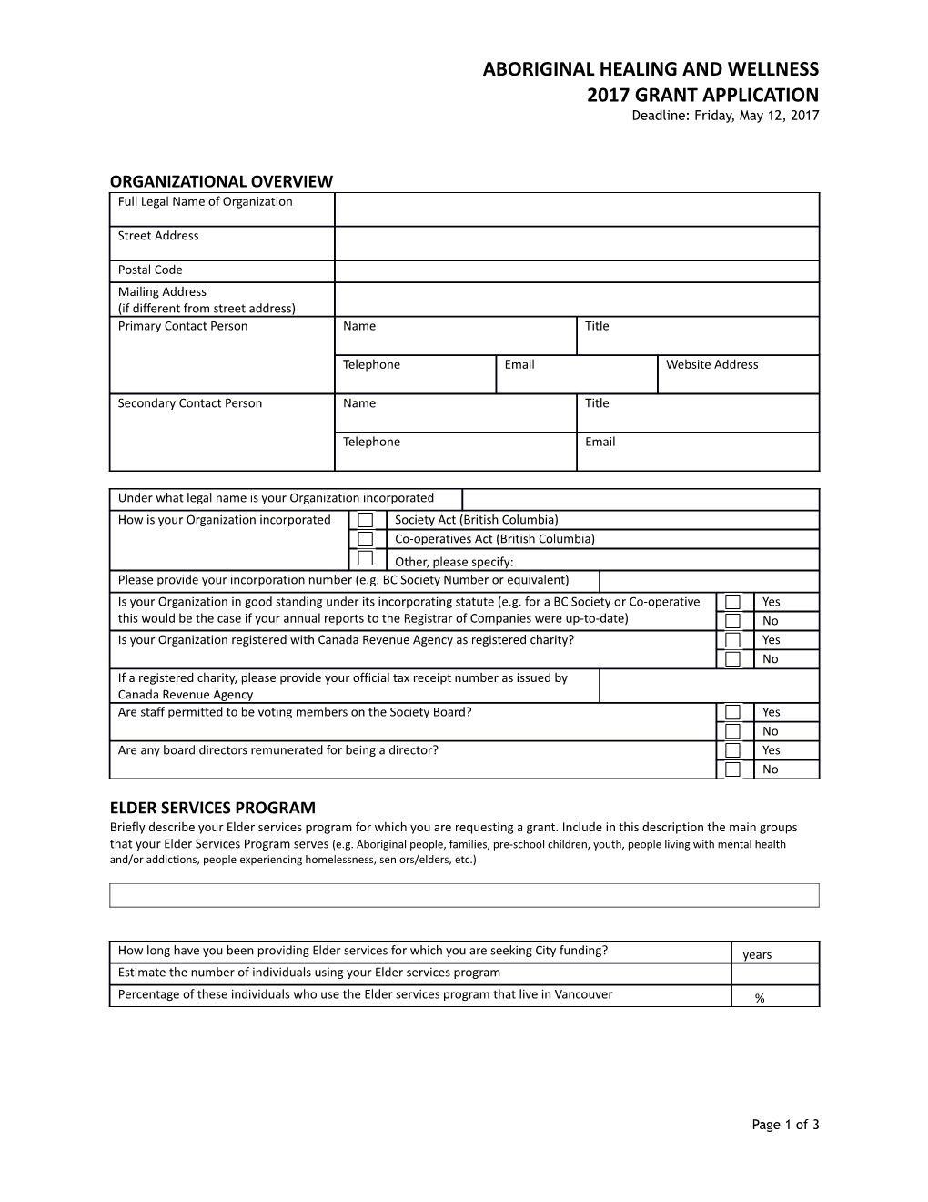 Aboriginal Healing & Wellness Grant Application Form