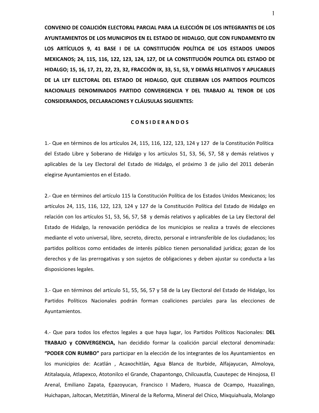 Convenio De Coalición Electoral Parcial Para La