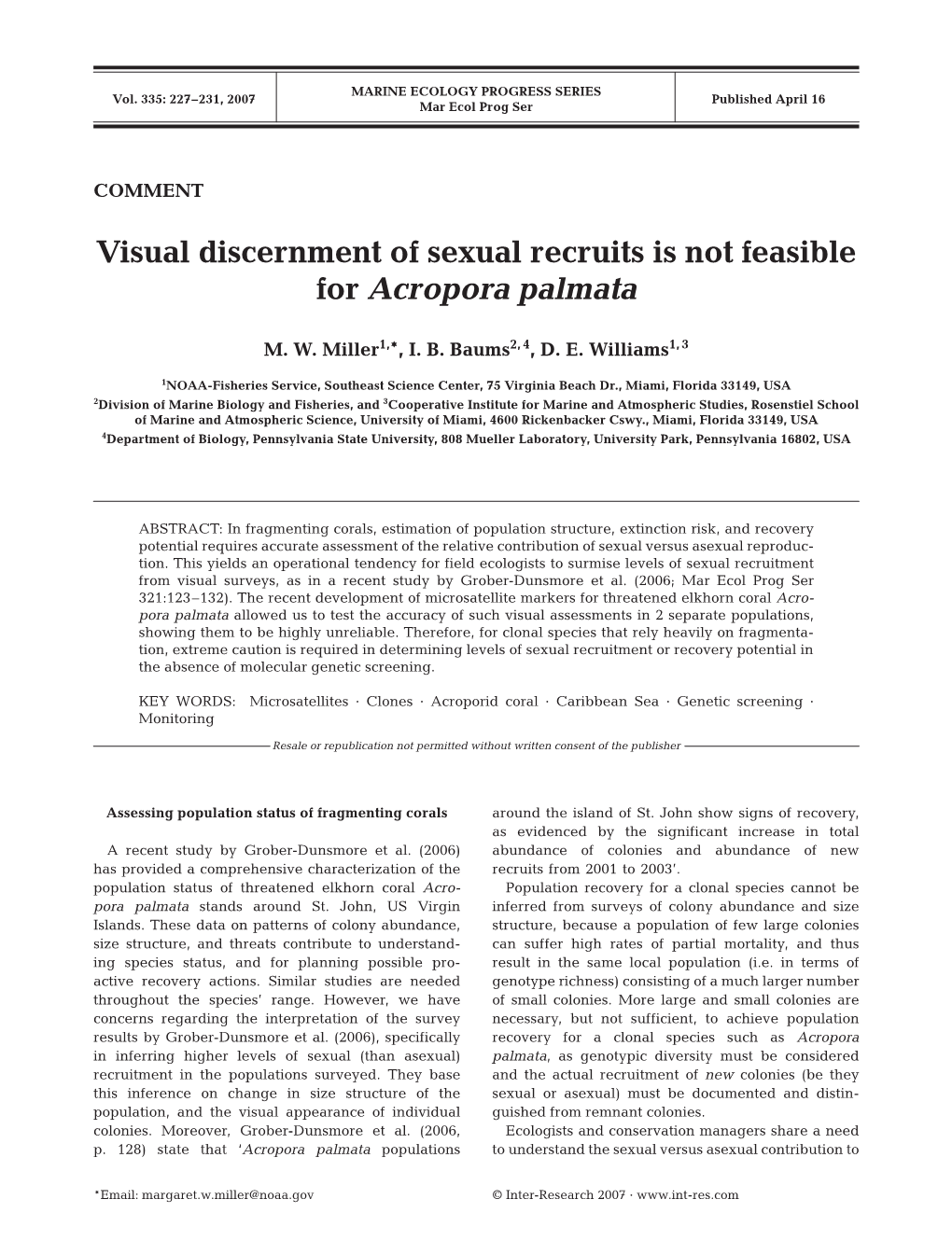 Visual Discernment of Sexual Recruits Is Not Feasible for Acropora Palmata