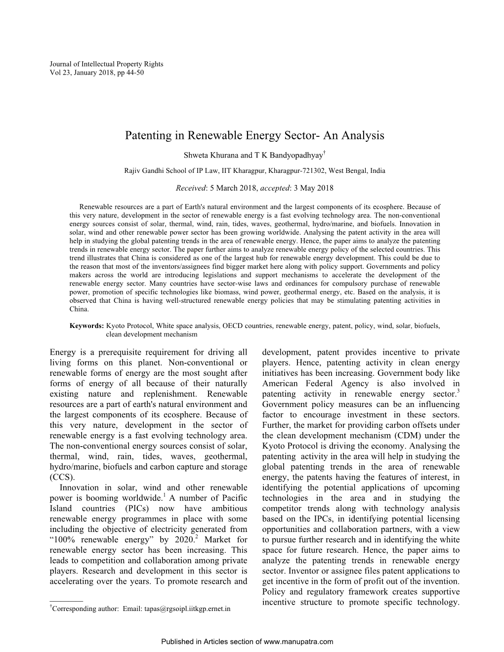 Patenting in Renewable Energy Sector- an Analysis