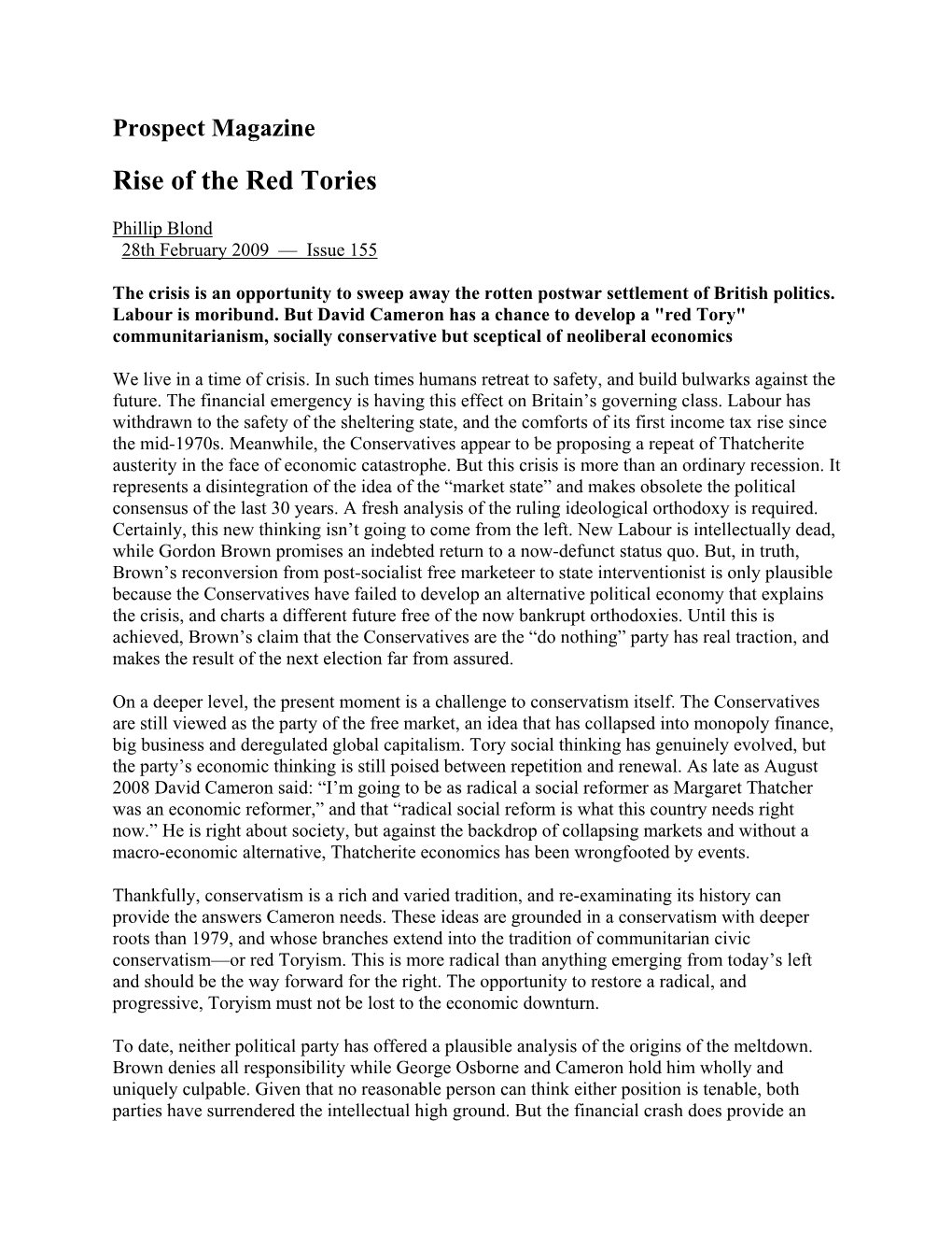 Prospect Magazine Rise of the Red Tories