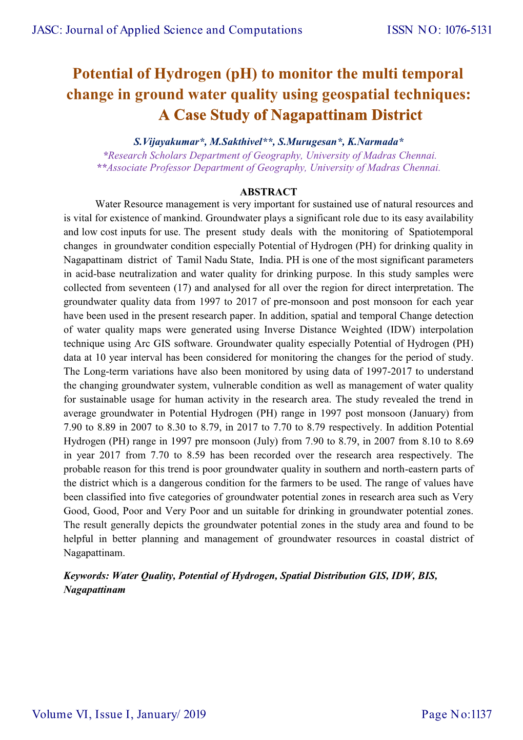 Ph) to Monitor the Multi Temporal Change in Ground Water Quality Using Geospatial Techniques: a Case Study of Nagapattinam District