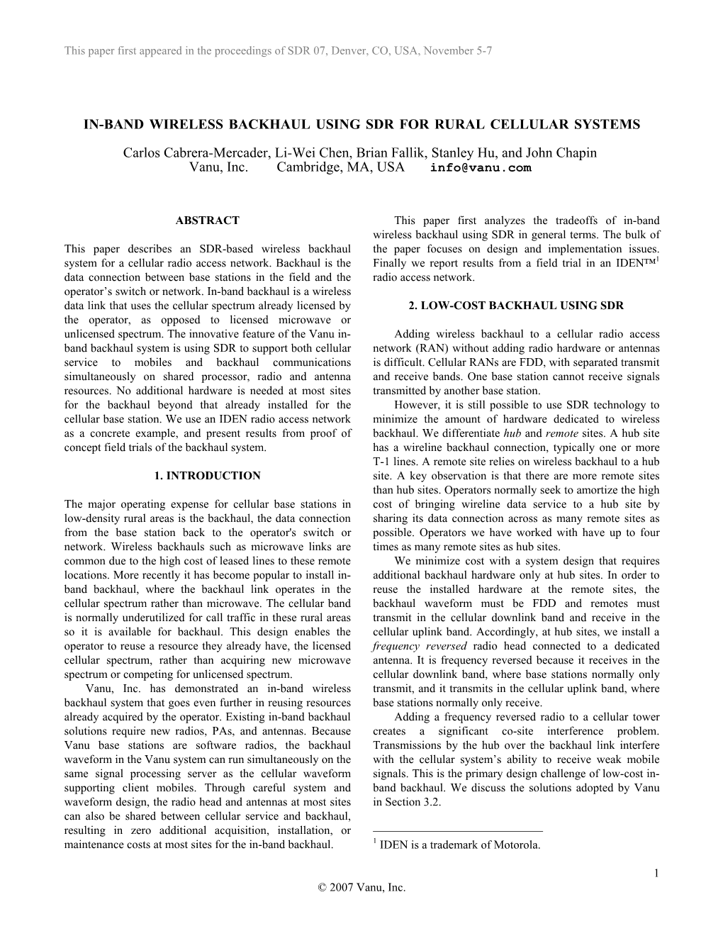 In-Band Wireless Backhaul Using Sdr for Rural Cellular Systems