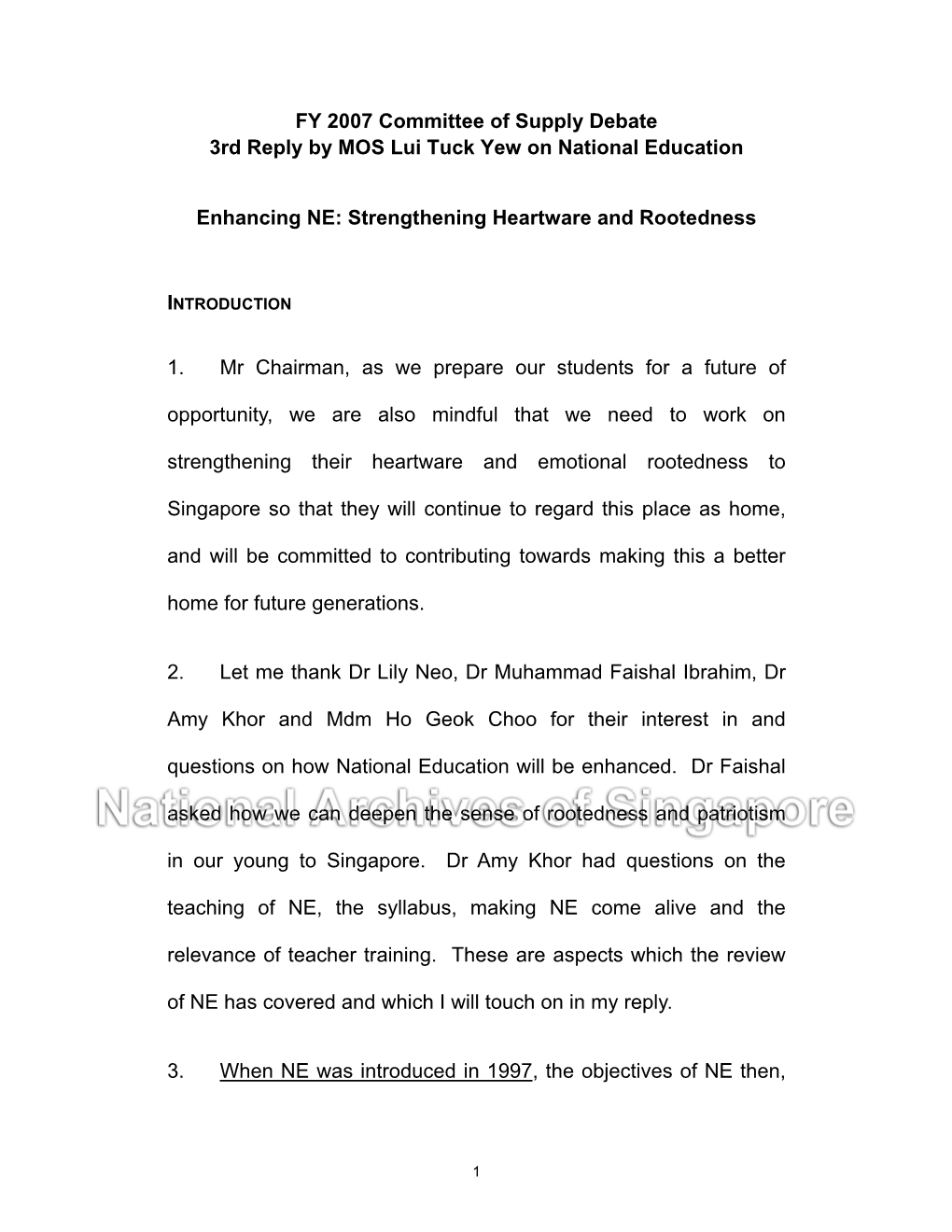 FY 2007 Committee of Supply Debate 3Rd Reply by MOS Lui Tuck Yew on National Education