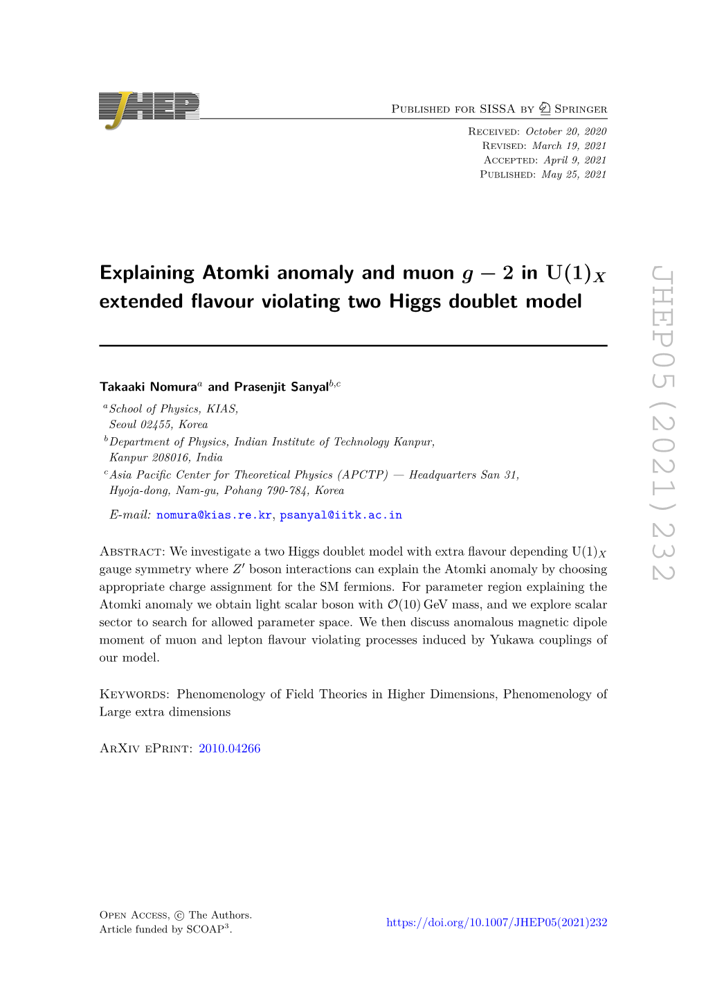 Explaining Atomki Anomaly and Muon G− 2 in U (1) X Extended Flavour Violating Two Higgs Doublet Model