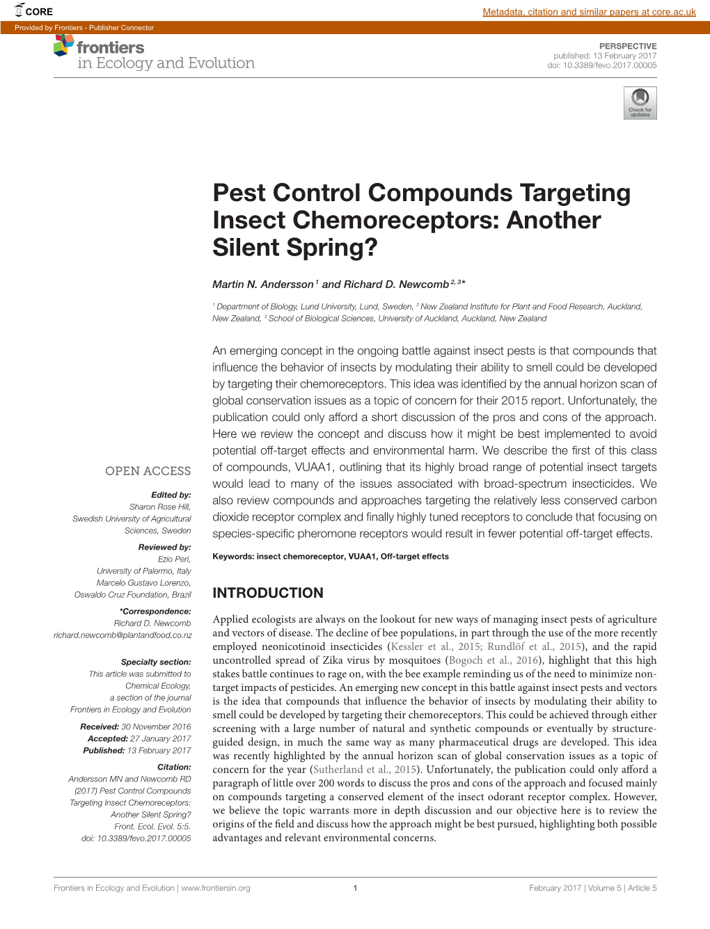 Pest Control Compounds Targeting Insect Chemoreceptors: Another Silent Spring?