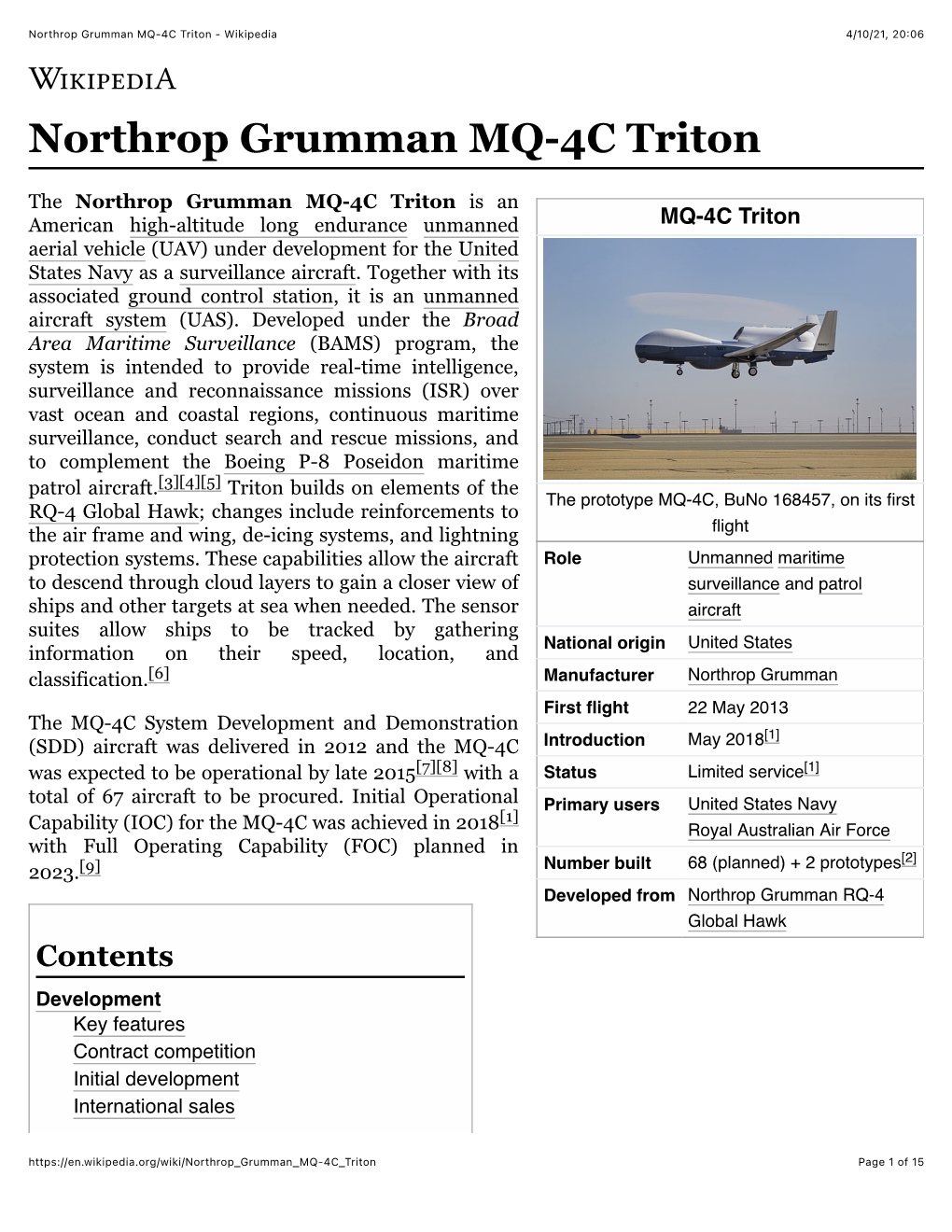 Northrop Grumman MQ-4C Triton - Wikipedia 4/10/21, 20:06