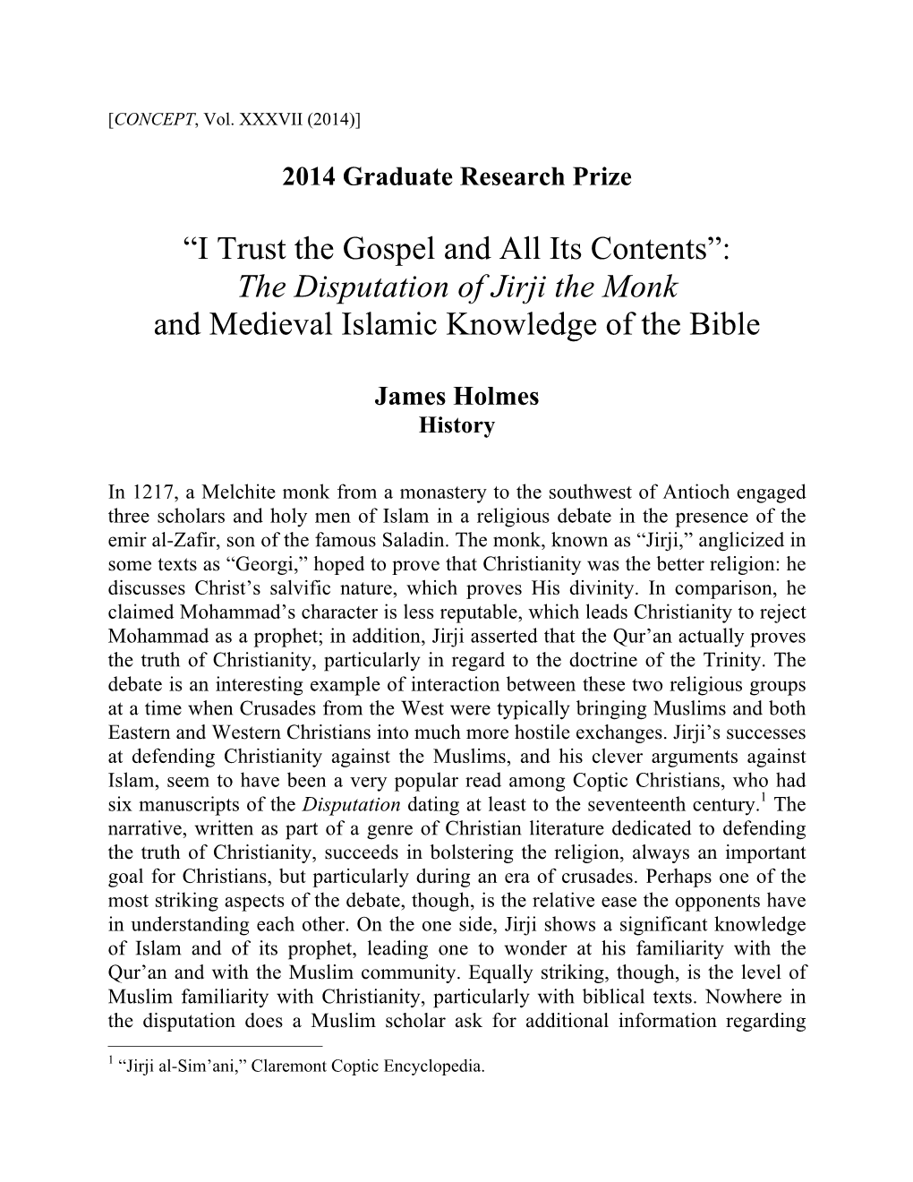 “I Trust the Gospel and All Its Contents”: the Disputation of Jirji the Monk and Medieval Islamic Knowledge of the Bible