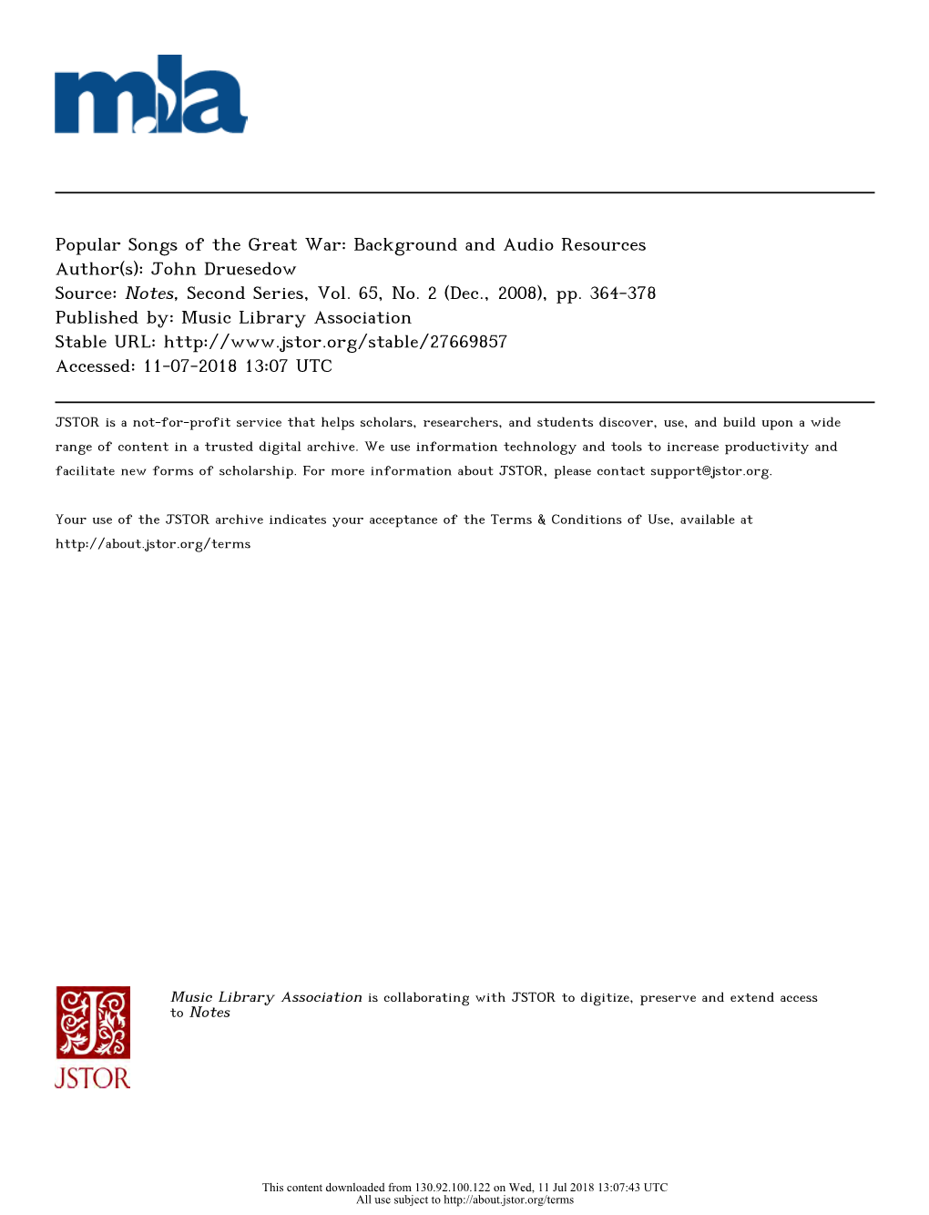 Popular Songs of the Great War: Background and Audio Resources Author(S): John Druesedow Source: Notes, Second Series, Vol