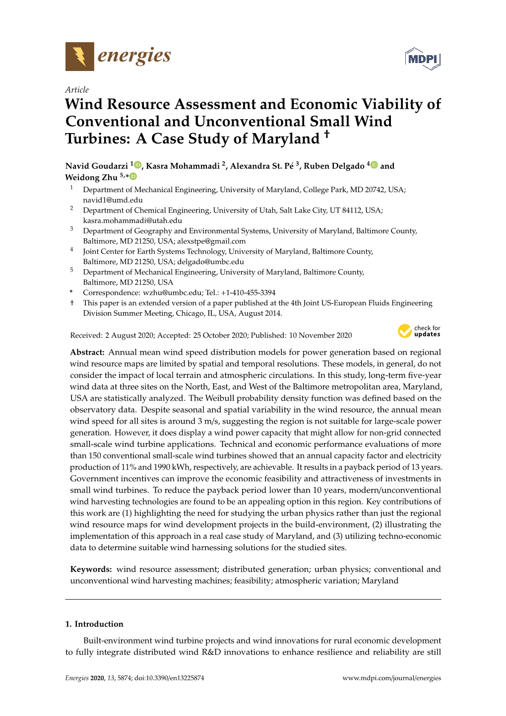 Wind Resource Assessment and Economic Viability of Conventional and Unconventional Small Wind † Turbines: a Case Study of Maryland