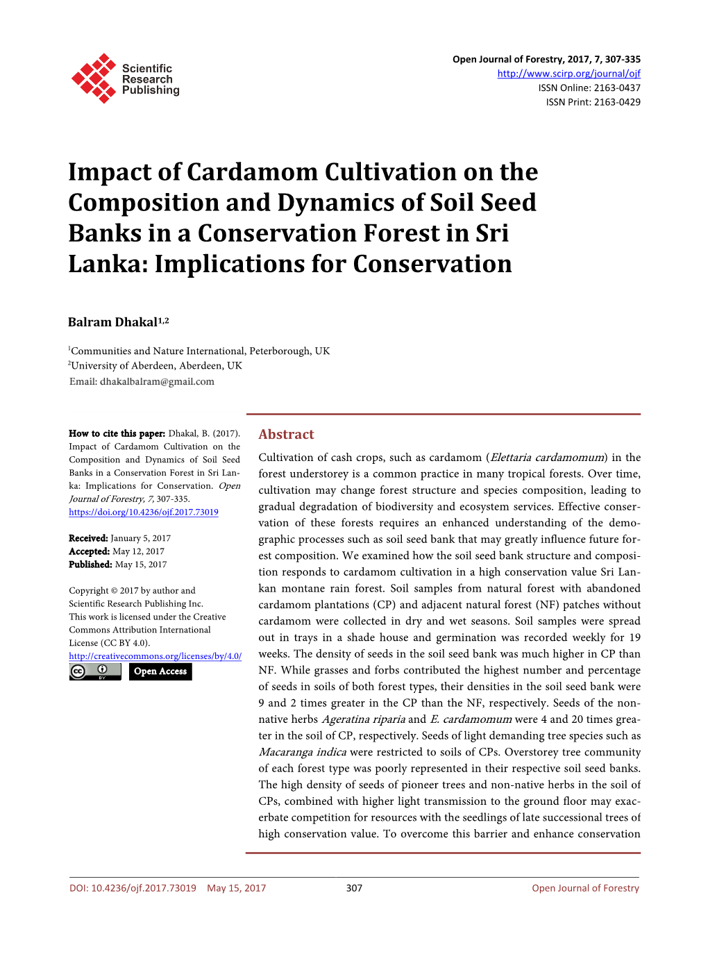 Impact of Cardamom Cultivation on the Composition and Dynamics of Soil Seed Banks in a Conservation Forest in Sri Lanka: Implications for Conservation