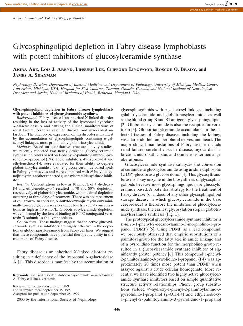 Glycosphingolipid Depletion in Fabry Disease Lymphoblasts with Potent Inhibitors of Glucosylceramide Synthase