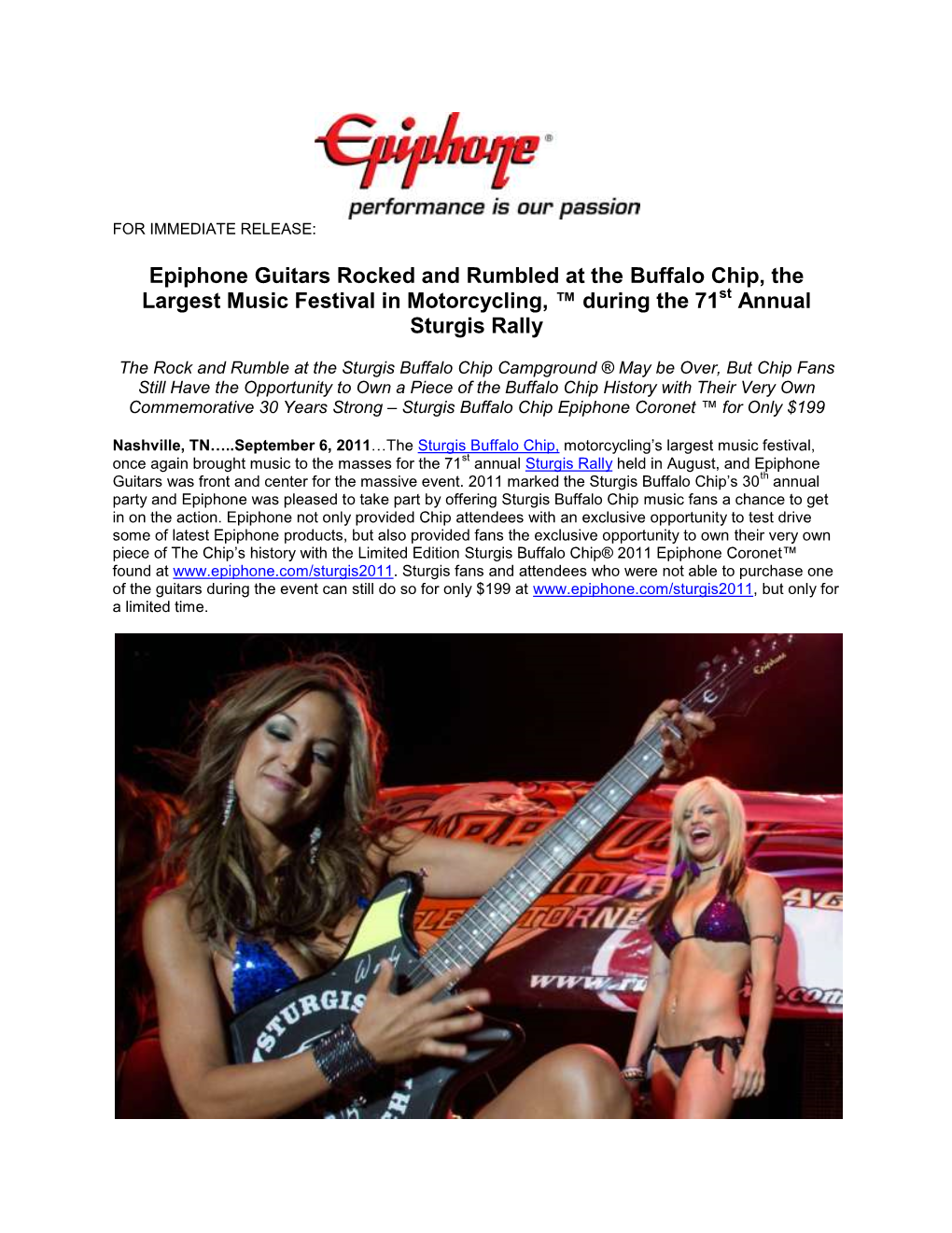 Epiphone Guitars Rocked and Rumbled at the Buffalo Chip, the Largest Music Festival in Motorcycling, ™ During the 71 Annual St