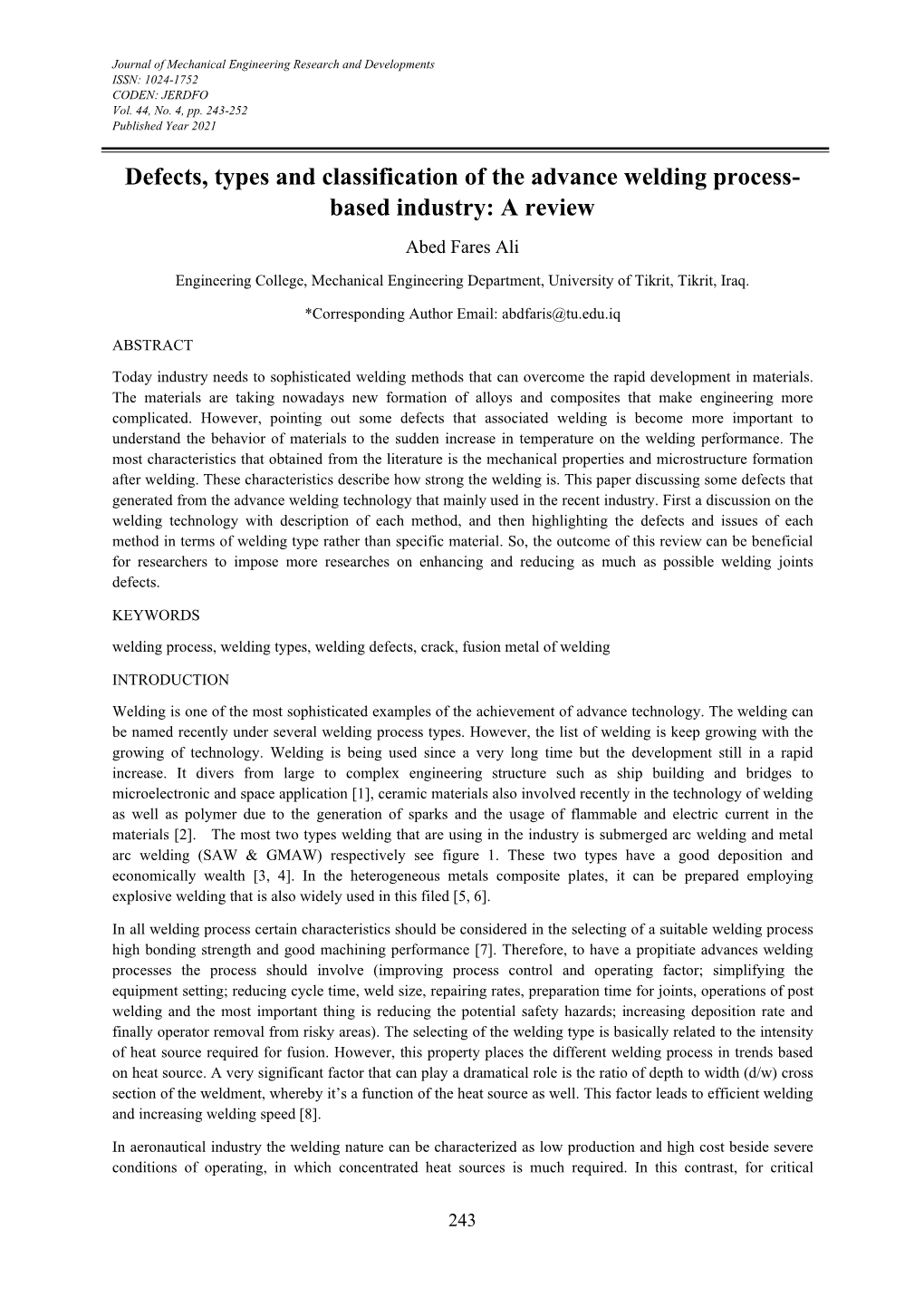 Defects, Types and Classification of the Advance Welding Process-Based