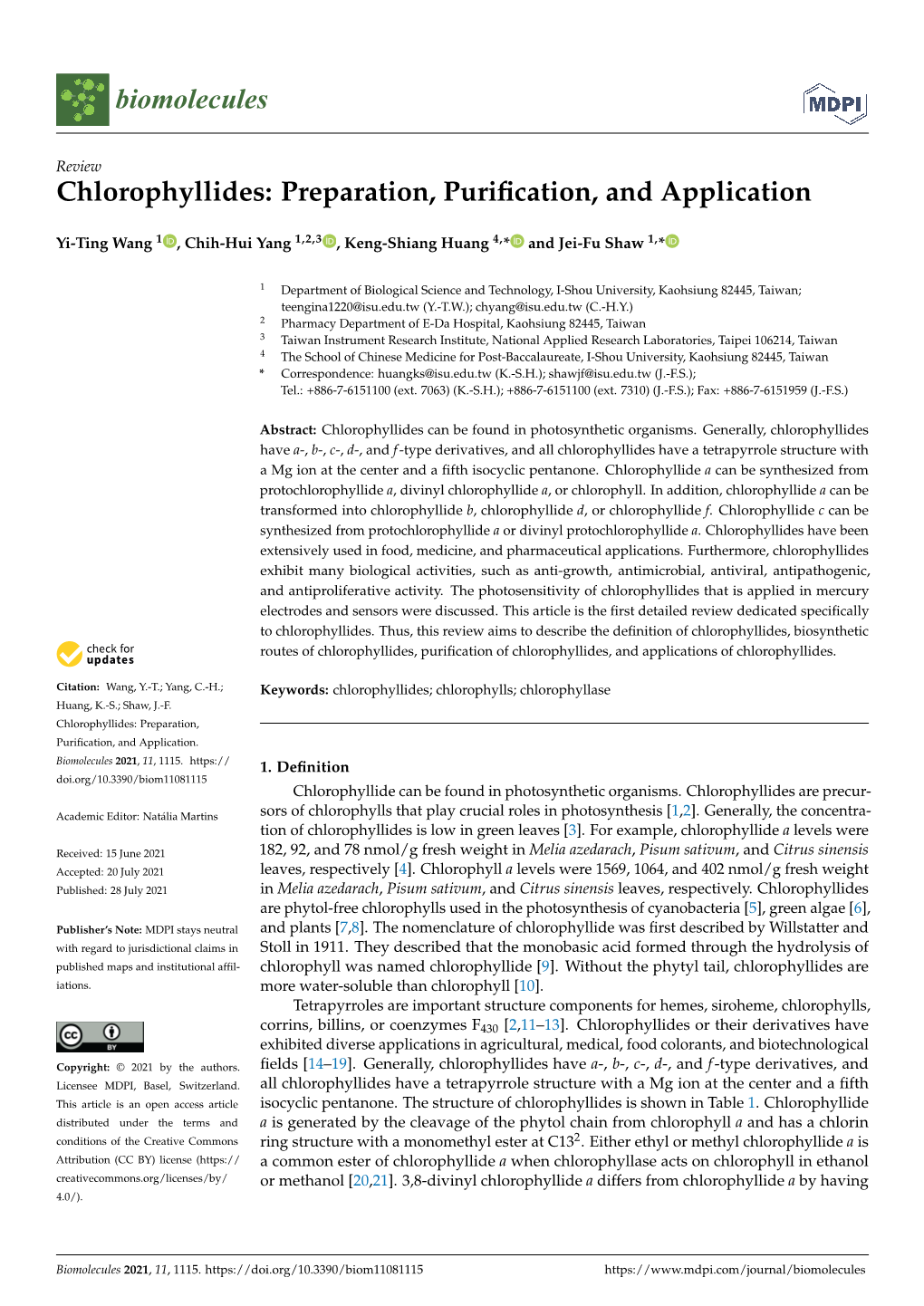 Chlorophyllides: Preparation, Purification, and Application