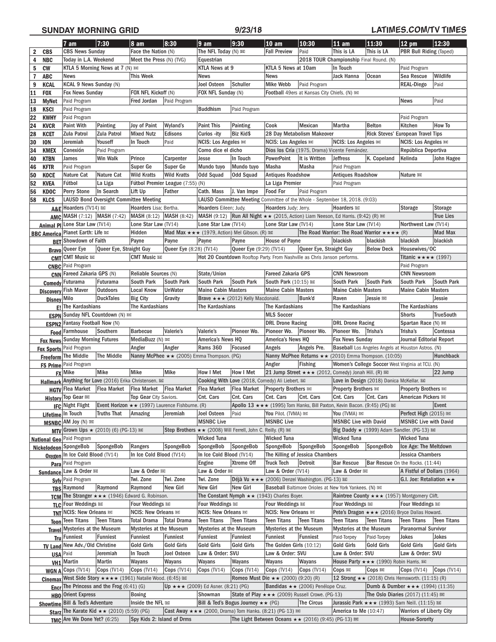 Sunday Morning Grid 9/23/18 Latimes.Com/Tv Times