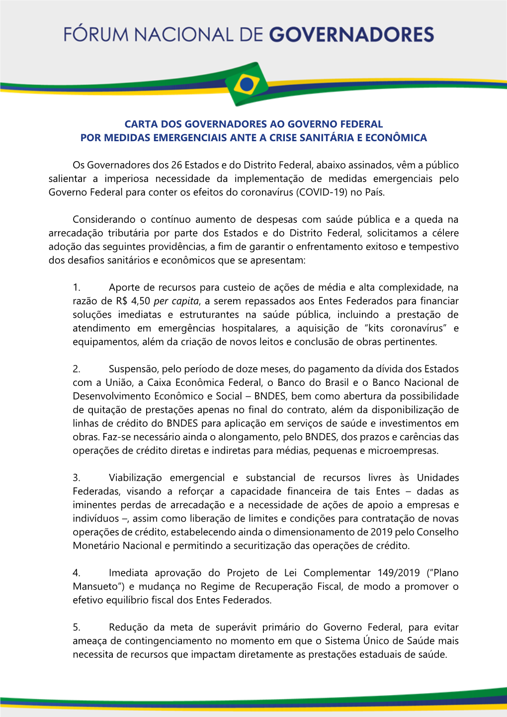 Carta Dos Governadores Ao Governo Federal Por Medidas Emergenciais Ante a Crise Sanitária E Econômica