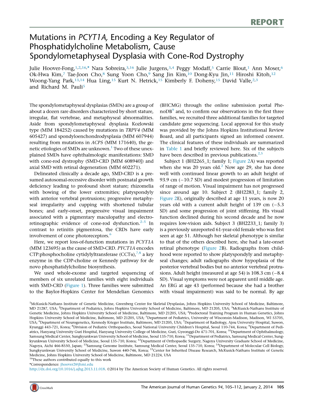 Mutations in PCYT1A, Encoding a Key Regulator of Phosphatidylcholine Metabolism, Cause Spondylometaphyseal Dysplasia with Cone-Rod Dystrophy