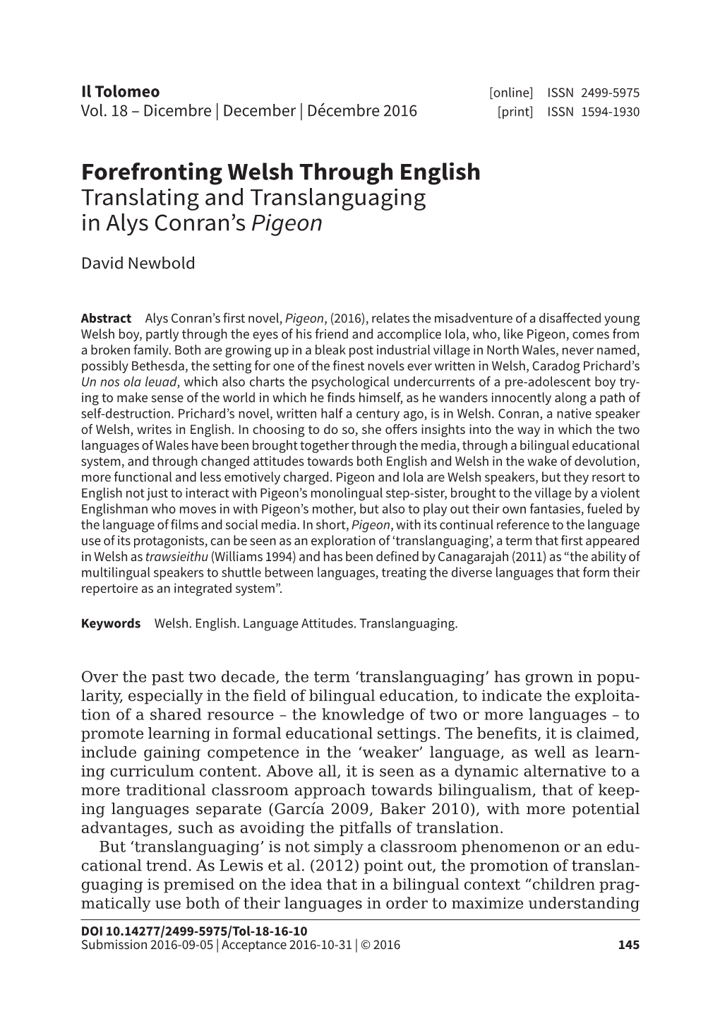 Forefronting Welsh Through English Translating and Translanguaging in Alys Conran’S Pigeon