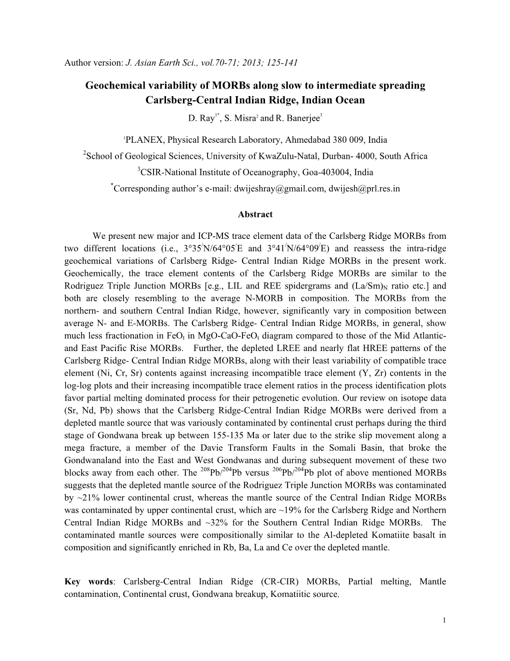 Geochemical Variability of Morbs Along Slow to Intermediate Spreading Carlsberg-Central Indian Ridge, Indian Ocean