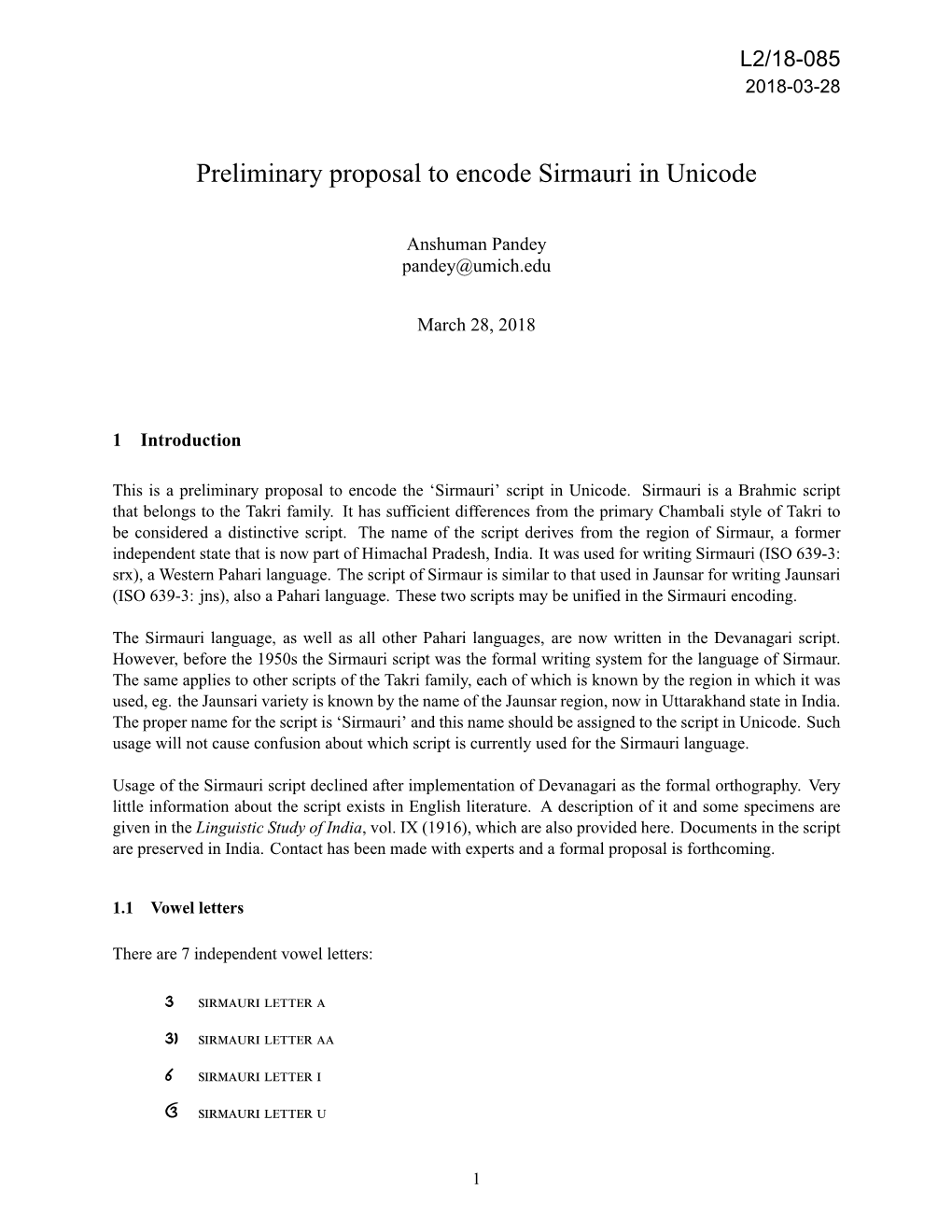 Preliminary Proposal to Encode Sirmauri in Unicode