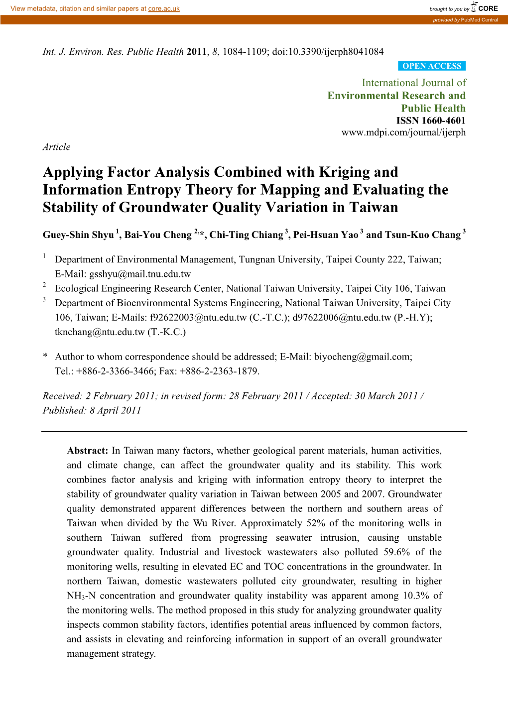 Applying Factor Analysis Combined with Kriging and Information Entropy Theory for Mapping and Evaluating the Stability of Groundwater Quality Variation in Taiwan
