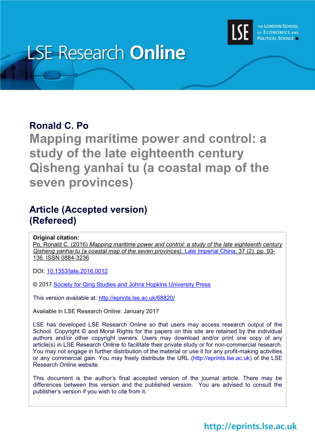 Mapping Maritime Power and Control: a Study of the Late Eighteenth Century Qisheng Yanhai Tu (A Coastal Map of the Seven Provinces)